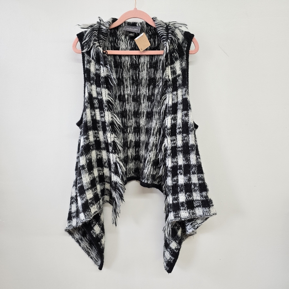 Anthropologie Wooden Ships Mohair Blend Plaid Fringe Knit Vest Sz Medium